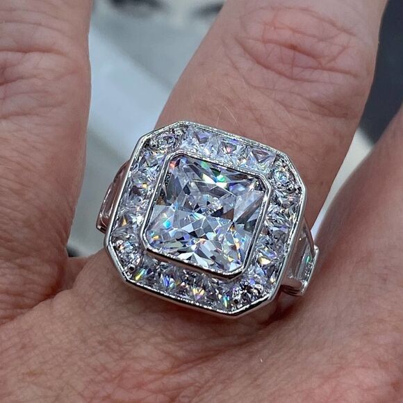 Clear CZ Statement Ring – Rhodium Brass Setting, Sizes 5 & 9 - Picture 4 of 7